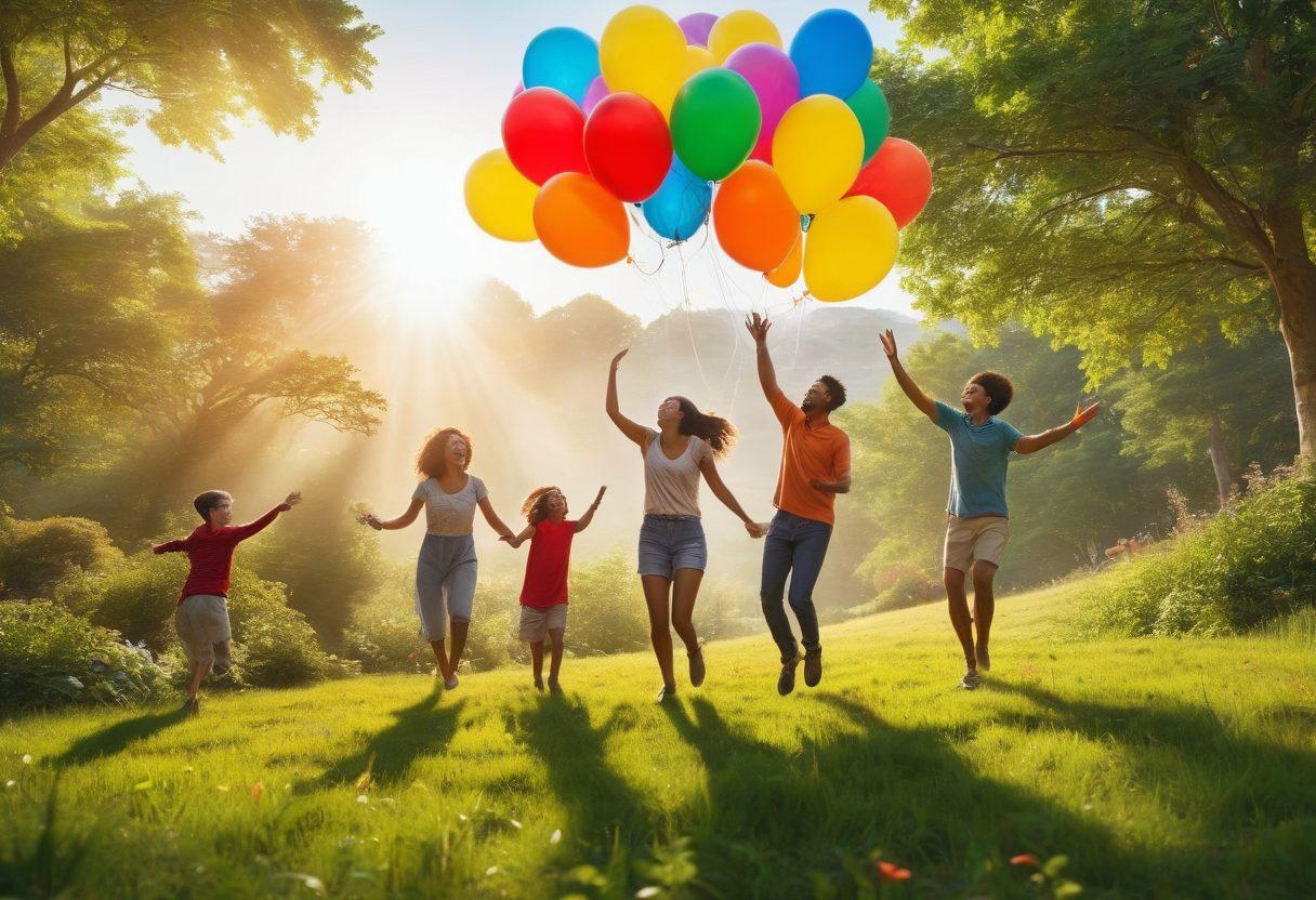 A vibrant scene showcasing a diverse group of people enjoying various activities that represent happiness, such as laughing, dancing, and exploring nature. Include elements like colorful balloons, a bright sun, lush greenery, and playful animals. Infuse the image with warm, uplifting colors to evoke feelings of joy and adventure. Ensure the atmosphere feels inviting and filled with positivity. super-realistic. vibrant colors. bright background.