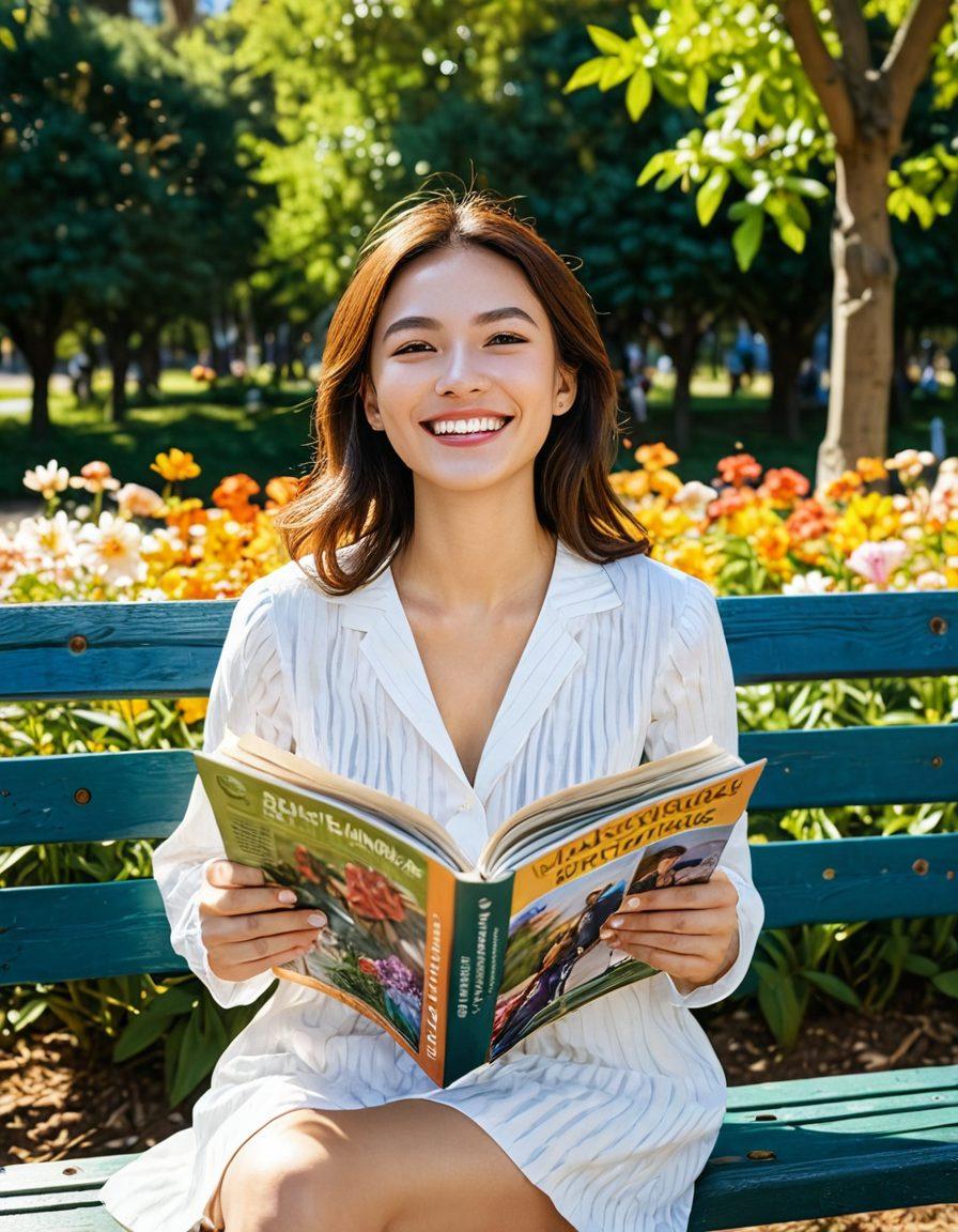A joyful person reading a colorful magazine while sitting in a sunlit park, surrounded by blooming flowers and a gentle breeze. In the background, a hint of joyful people engaging in various happy activities such as laughing and playing games. Warm sunlight illuminating the scene, creating a vibrant, positive atmosphere. super-realistic. vibrant colors. natural setting.