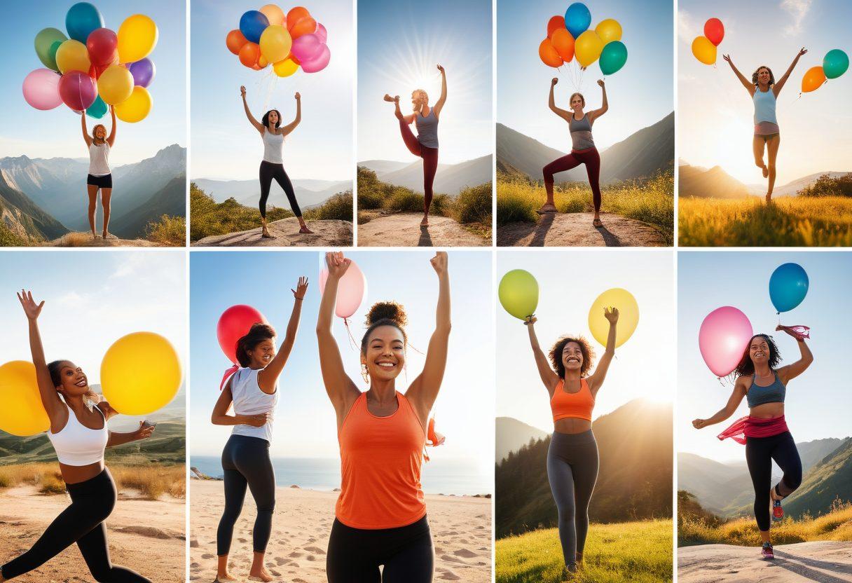 A vibrant collage depicting diverse people engaged in various joyful activities: dancing, hiking, cooking, and practicing yoga, all smiling and embodying happiness. Include colorful banners with the phrase 'Fitness to Fun' intertwining through the scenes. Emphasize a bright and cheerful atmosphere with playful elements like balloons and sunshine. super-realistic. vibrant colors. white background.